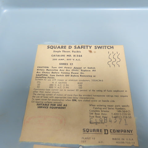 Square D H-364 200A Single Throw Fusible Safety Disconnect Switch 600VAC