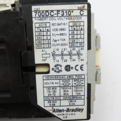 Allen Bradley 700DC-F310Z1 660V AC 250DC Max Relay 115VDC Coil