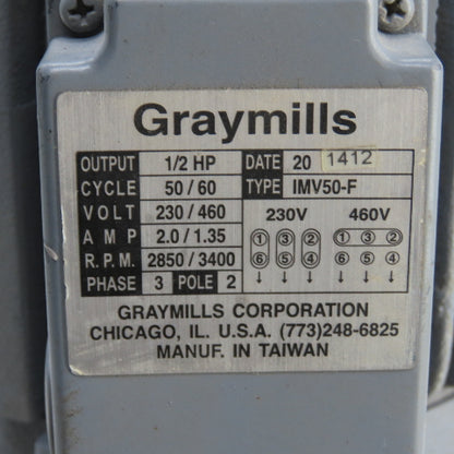 Graymills IMV50-F 1/2HP Vertical Immersion Coolant Pump 230/460V 9-1/2" Depth