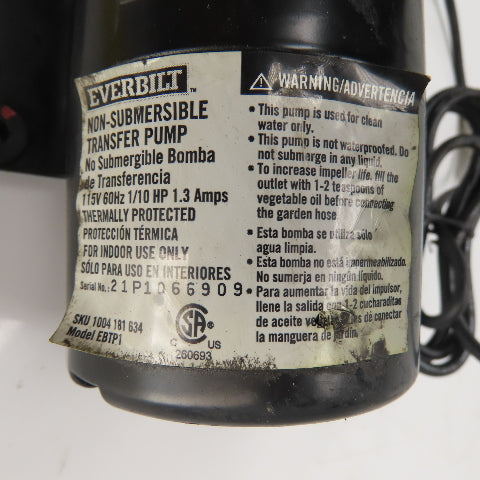 Everbilt EBTP1 Non-Submersible Transfer Pump 115VAC 1PH Tested