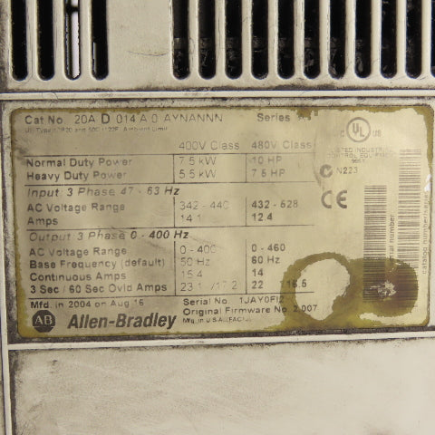Allen Bradley 20AD014A0AYNANNN Ser A PowerFlex 70 AC Drive 10HP 7.5kW 460V 3PH