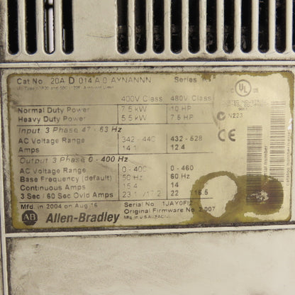Allen Bradley 20AD014A0AYNANNN Ser A PowerFlex 70 AC Drive 10HP 7.5kW 460V 3PH
