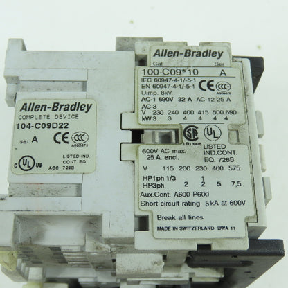 Allen Bradley 104-C09D22 Reversing Contactor 100-C09*10 W/ 193-EECB 1.0-5.0A
