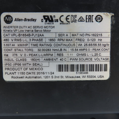 Allen Bradley VPL-B1654B-PJ12AA Kinetix VP Low Inertia AC Servo Motor 1850RPM