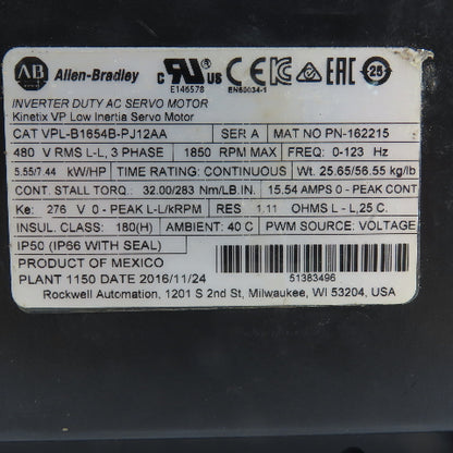Allen Bradley VPL-B1654B-PJ12AA Kinetix VP Low Inertia AC Servo Motor 1850RPM