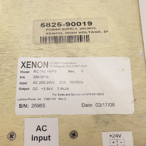 Xenon 289-0019 RC-742 HVPS 3.8kVHigh Voltage DC Power Supply 200-240V In