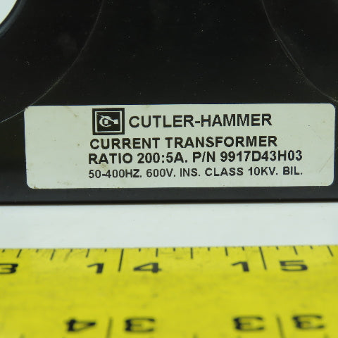 Cutler Hammer 9917D43H03 200:5A Current Transformer 50-400HZ 600V INS.