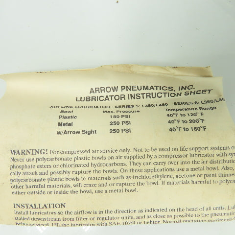 Arrow L362W JQ Pneumatic Lubricator NEW