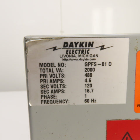 Daykin GPFS-01 2000VA Transformer Disconnect Combo Pri 480 Sec 120V 1PH