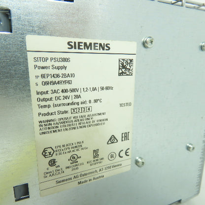 Siemens 6EP1436-2BA10 Power Supply 400-500V Input 24VDC 20A Output (Clean)