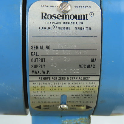 Rosemount 1151GP6E22B2 Alphaline Pressure Transmitter 0-100PSIG 45VDC Max