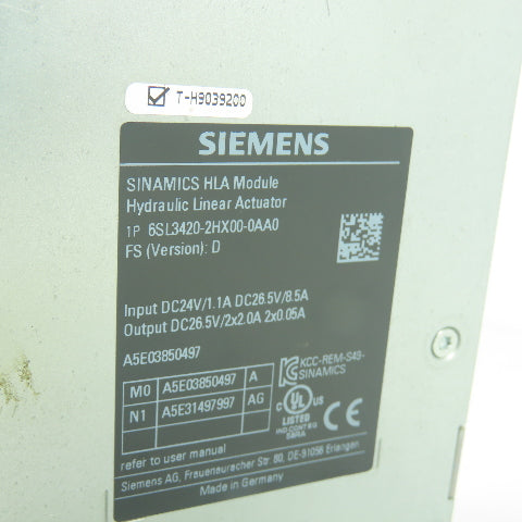Siemens 1P 6SL3420-2HX00-0AA0 Sinamics HLA Module Hydraulic Linear Actuator