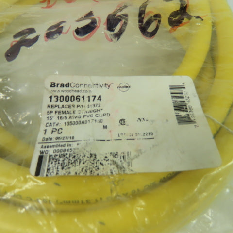 Brad Connectivity 1300061174 5P Female straight 15'L 16/5AWG PVC Cord