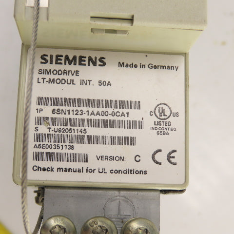 Siemens 6SN1123-1AA00-0CA1 Simodrive LT Module 50A W/ 6SN1118-0DJ21-0AA0 Card