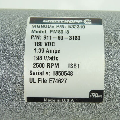 Croschopp 911-60-3180 PM8018 DC Motor 180VDC 1.39A 198W 2500RPM NEW
