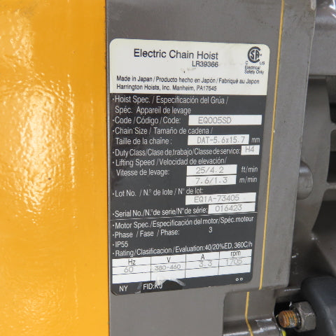 Harrington EQ005SD 1/2 Ton 2-Speed Electric Chain Hoist 20' Lift 25/4.2 FPM 3PH