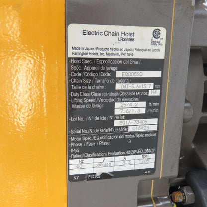 Harrington EQ005SD 1/2 Ton 2-Speed Electric Chain Hoist 20' Lift 25/4.2 FPM 3PH