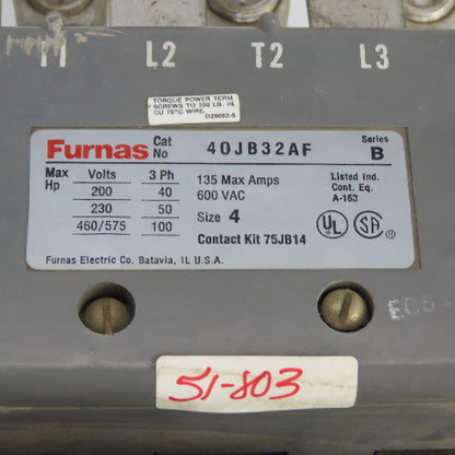 Furnas 40JB32AF Ser B Size 4 Motor Starter Contactor 135A 600V Max 120V Coil