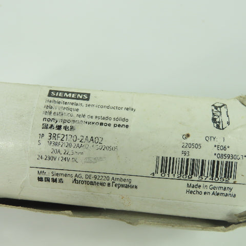 Siemens 3RF2120-2AA02 Sirius SC Solid State Relay 24VDC