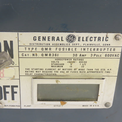 General Electric QMR361 Type QMR Fusible Interrupter Switch 30A 600VAC