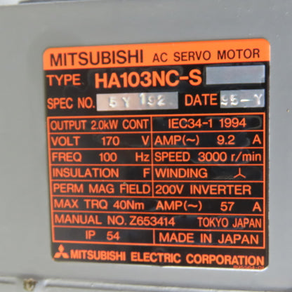 Mitsubishi HA103NC-S 2.0kW AC Servo Motor 3000RPM 170V 100HZ 57A 35mm W/Encoder