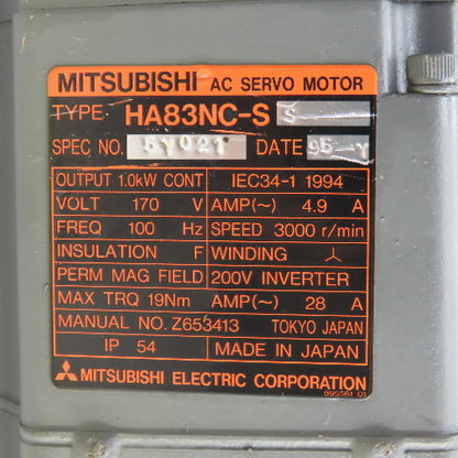 Mitsubishi HA83NC-S 1.0kW AC Servo Motor 3000RPM 170V 100HZ 28A 24mm W/Encoder