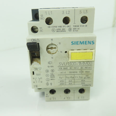 Siemens 3VU1300-1MM00 Motor Protector Circuit Breaker 10-16A 600VAC Lot Of 2