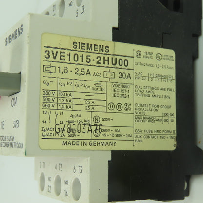 Siemens 3VE1015-2HU00 Motor Starter Protector 1.6-2.5A 600VAC