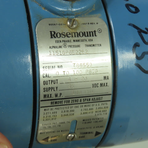 Rosemount 1151GP6E22B2 Pressure Transmitter 45VDC 100PSIG 4-20mA