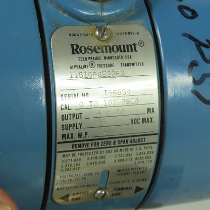 Rosemount 1151GP6E22B2 Pressure Transmitter 45VDC 100PSIG 4-20mA