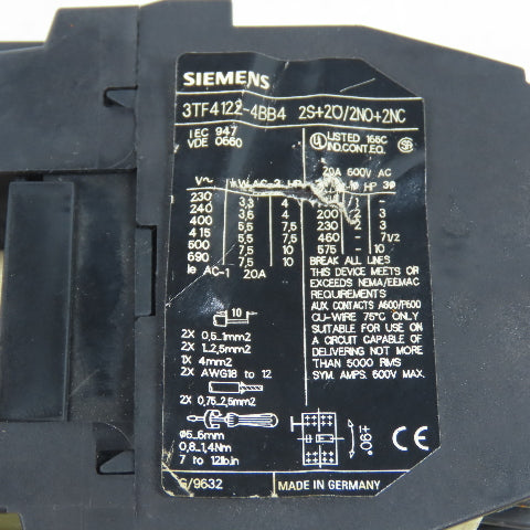 Siemens 3TF4122-4BB4 3-Pole Contactor 7-1/2HP 17-30VDC Coil