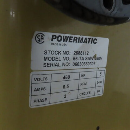 Powermatic 66-TA 10" Tilting Arbor Table Saw 45-¦ Bevel 208-230/460V 3Ph 5Hp