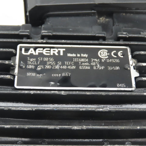 Lafert ST 80 S6 0.55kW 0.75HP AC Electric Motor 1090RPM 230/460V 3PH IEC60034