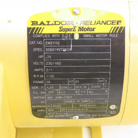 Baldor SuperE .75HP AC Electric Motor 1730RPM 208-230/460V 3PH 56 Fr Tested