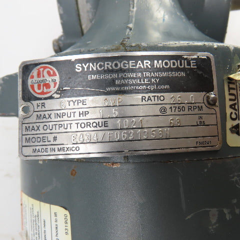 Syncrogear E434/F0631358N 26Ratio 1HP Right Hand Gear Motor 67.3RPM 3PH 1021Torq