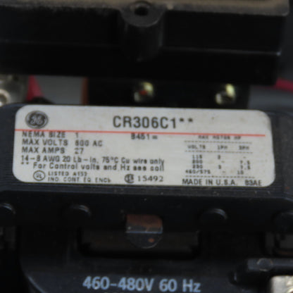 General Electric CR306C1 Nema Size 1 Magnetic Motor Starter 27A 10HP W/Overload