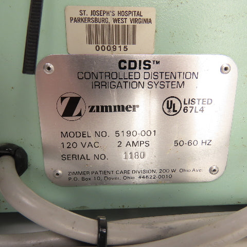 Zimmer 5190-001 CDIS Controlled Distention Irrigation System 120V 1PH Tested