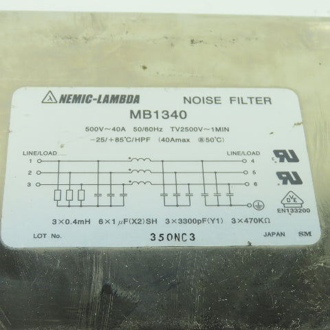Nemic-Lambda MB1340 Noise Filter 500V 40A 50/60Hz TV2500V-1Min