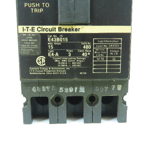 Siemens E43B015 3-Pole 15A Circuit Breaker Type E4-A 480VAC