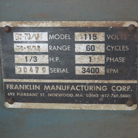 Franklin Mfg. BW-70 Drill Bit Sharpener #70-11/32" Size Range 115V W/ Collets