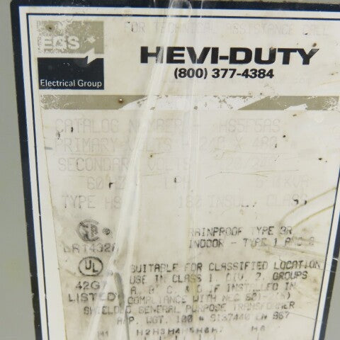 Hevi-Duty HS5F5AS 5KVA Transformer 1Ph 240x480V Pri 120/240V Sec