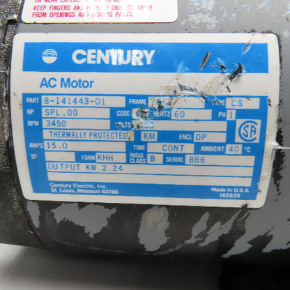 Century 8-141443-01 2.24kW 3450RPM 230V 1Ph AC Motor
