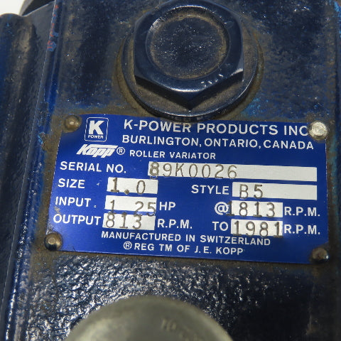 K-Power Style B5 Kopp Roller Variator 1.25HP @ 813RPM Size 1 813-1981RPM