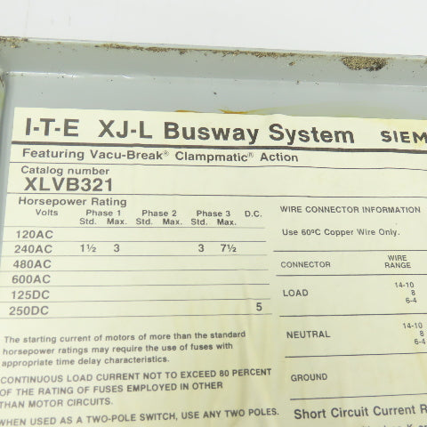 ITE XLVB321 30A Vacu Break Fusible Switch Bus Plug 240VAC 3Ph