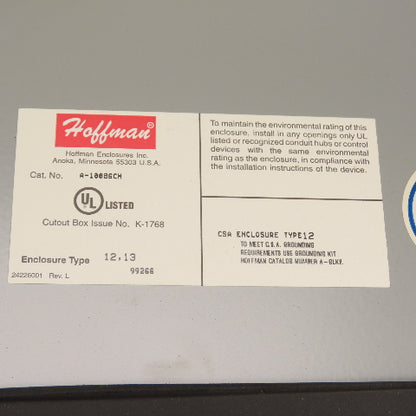 Hoffman A-10086CH 10" x 8" x 6" Electrical Enclosure W/ .050kVA Transformer