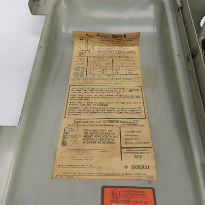Gould F352 60A Heavy Duty 3-Pole Fusible Safety Disconnect Switch 600VAC 30HP