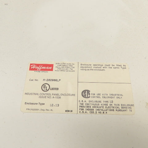 Hoffman A-202006LP 20" x 20" x 6" Electrical Enclosure W/ Backplate Type 12, 13
