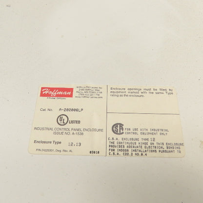 Hoffman A-202006LP 20" x 20" x 6" Electrical Enclosure W/ Backplate Type 12, 13