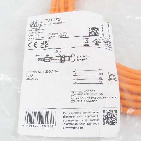 IFM EVT072 Connection Cable Assembly 5m 22AWG 250V M12