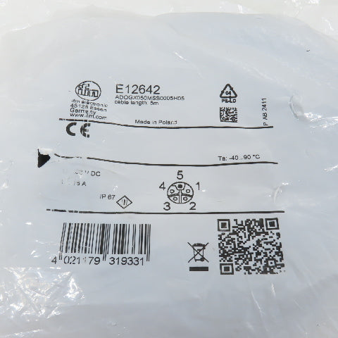 IFM E12642 5m Female Cordset Cable Assembly M12 16A